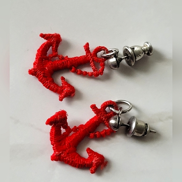 Vintage Jewelry - Vintage Red Thread Anchor Pierced Earrings